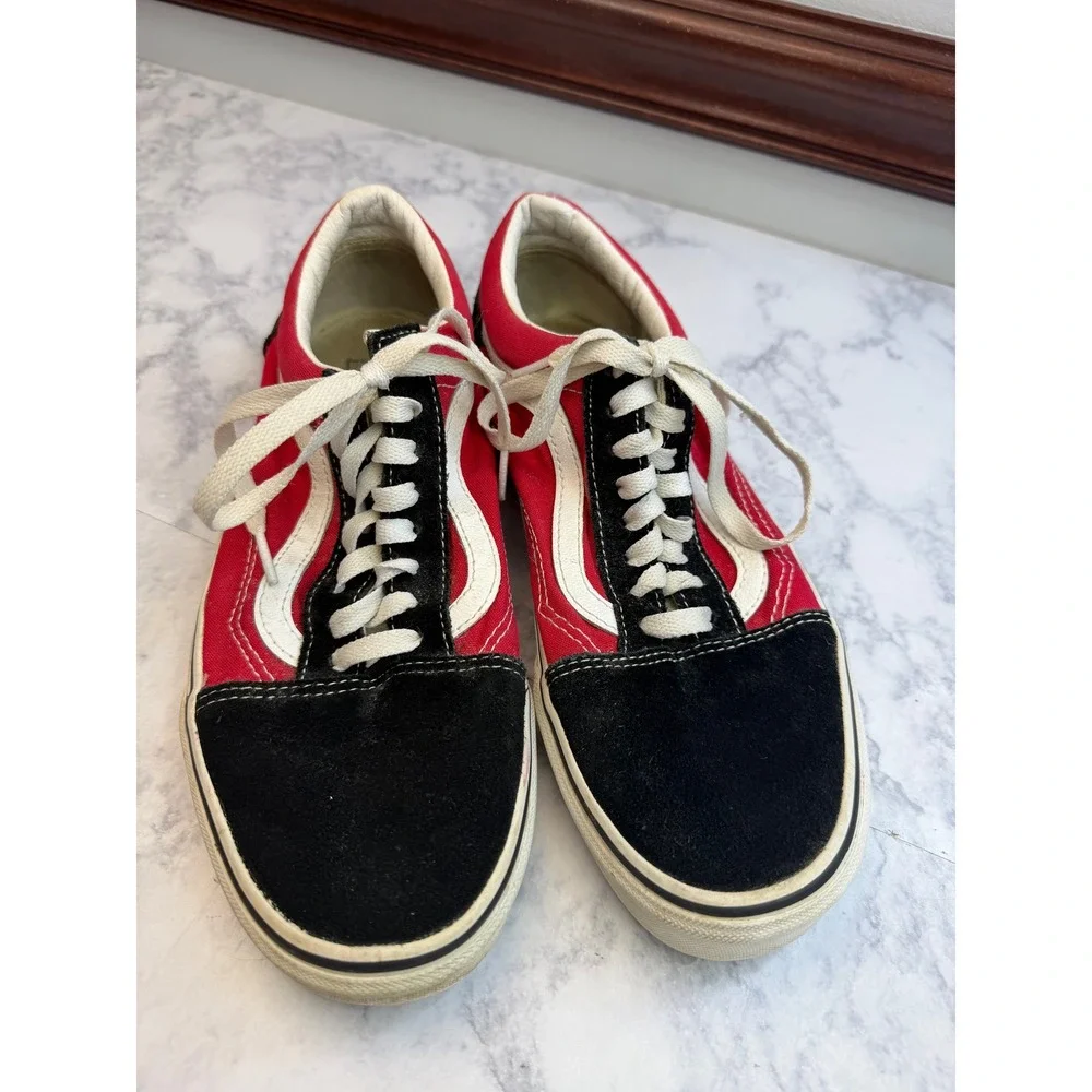 VANS Old Skool Red Black Suede Canvas Off The Wall Graphic Sneakers Mens 7.5